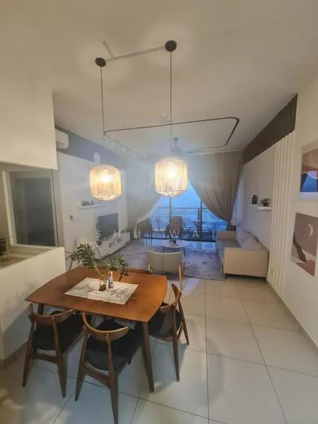 Living features: light grey sofa, wooden coffee table, area rug with geometric pattern, floor-to-ceiling windows, sheer curtains, 2 pendant lights, wall-mounted TV, white painted walls, tile flooring, recessed ceiling lights, decorative wall paneling; style: modern; view: city. Dining features: 6-seater wooden dining table, black dining chairs, decorative centerpiece on table; style: modern.
