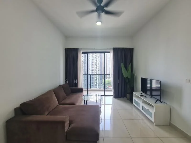 Living features: L-shape sectional sofa in brown, glass coffee table, wall-mounted TV, TV console in white, floor-to-ceiling windows, curtains in dark grey, ceramic tile flooring, ceiling fan with light, indoor plant in corner; style: modern; view: city.