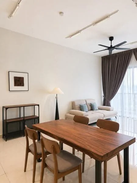 Dining features: wooden dining table, 4 dining chairs, pendant lamp, floor-to-ceiling windows, sheer curtains, light grey sofa, decorative wall art, laminate flooring, ceiling fan with light; style: modern; view: city.
