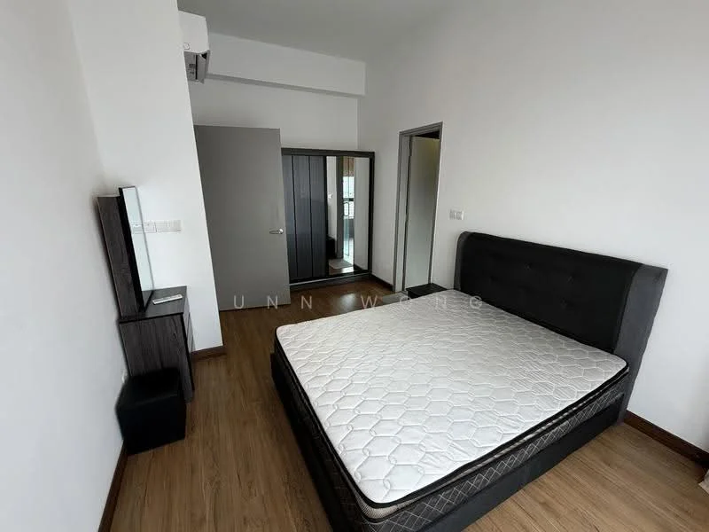 Bedroom features: queen-size bed, upholstered headboard, wooden flooring, white painted walls, built-in wardrobe with sliding doors, mirror on wardrobe, small bedside table, wall-mounted air conditioning unit; style: modern.