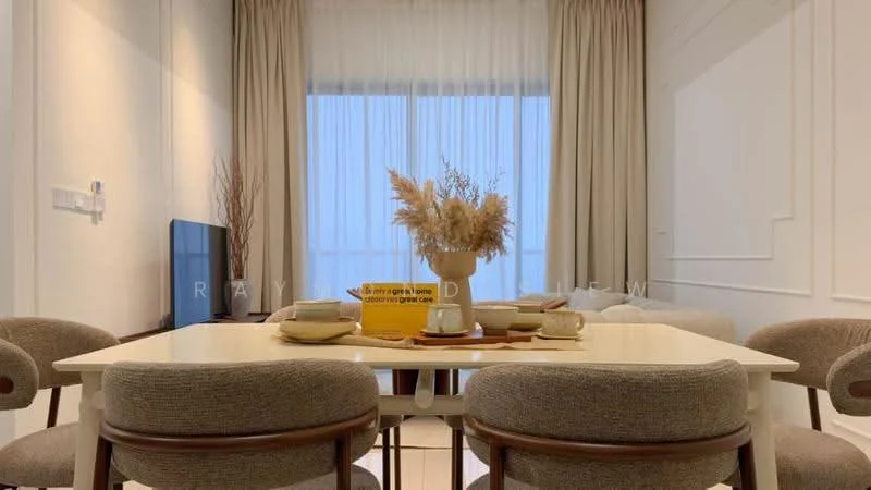 Dining features: round dining table, upholstered dining chairs, decorative vase with dried flowers, table setting with plates and cutlery, light-colored table surface, neutral-toned curtains, floor-to-ceiling windows, wall paneling, TV console with television; style: modern.