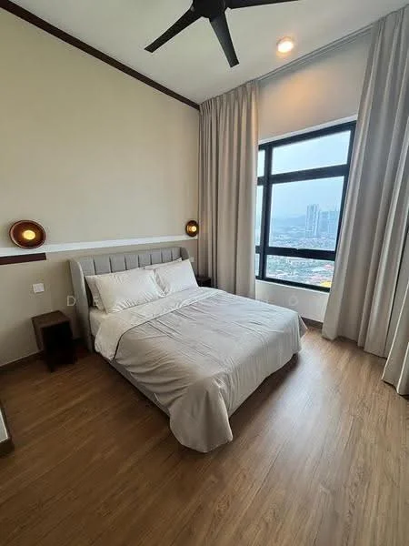 Bedroom features: king-size bed with upholstered headboard, light grey bedding, wooden flooring, floor-to-ceiling windows, city view, sheer curtains, 2 wall-mounted sconces, ceiling fan with light, nightstand, decorative wall paneling; style: modern; view: city.