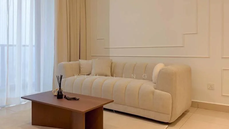 Living features: beige fabric sofa with tufted design, wooden coffee table, white painted walls, cream curtains, tile flooring, decorative wall paneling, floor-to-ceiling windows, minimalist decor; style: modern.