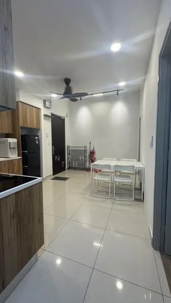 Kitchen features: white painted walls, glossy tile flooring, ceiling fan, recessed LED downlights, kitchen island with countertop, stainless-steel sink, black refrigerator, white dining table, four white chairs, open shelving unit, fire extinguisher, kitchen cabinetry with wood finish; style: modern.
