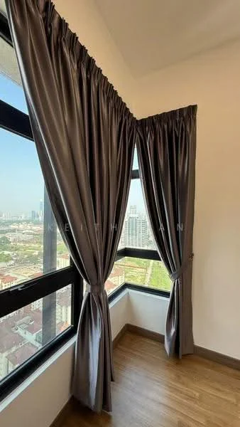 Room features: floor-to-ceiling windows, grey curtains, wooden flooring, city view; style: modern; view: city.