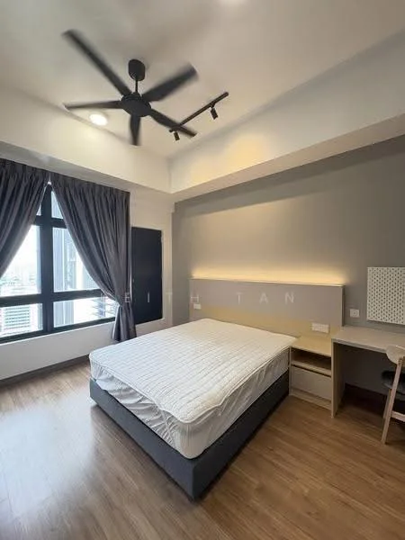 Bedroom features: king-size bed, upholstered headboard, bedside table, ceiling fan with light, floor-to-ceiling windows, grey accent wall, light wood flooring, curtains, LED strip lighting; style: modern; view: city.