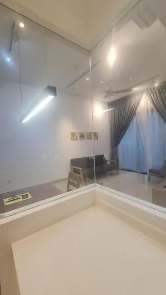Living features: grey fabric sofa, wooden coffee table, floor-to-ceiling windows, sheer curtains, dark grey curtains, recessed LED downlights, hanging linear light fixture, light-colored walls, tile flooring, decorative wall art; style: modern.