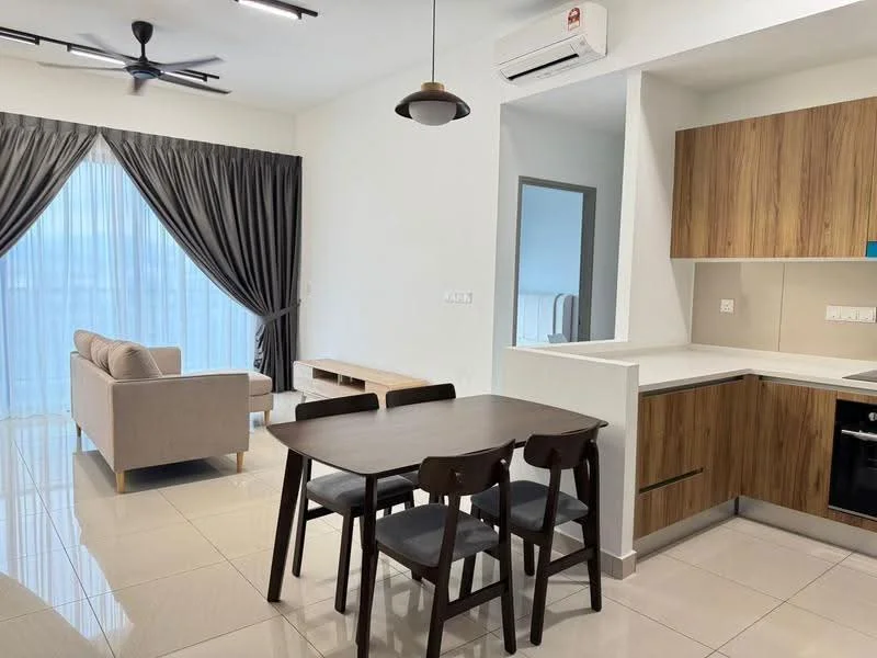 Dining features: 6-seater dining table, wooden dining chairs, pendant lamp, floor-to-ceiling windows with sheer curtains, grey tiled flooring, air conditioning unit on wall, open kitchen layout, light wood cabinetry, built-in oven, stainless-steel sink, chrome faucet; style: modern; view: city. Living features: 3-seater fabric sofa in light beige, coffee table, TV console, grey curtains, wall-mounted mirror; style: modern; view: city. Kitchen features: light wood cabinetry, stainless-steel built-in oven, stainless-steel sink, chrome faucet, grey tiled backsplash, open kitchen layout; style: modern.