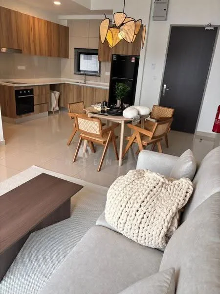 Living features: light grey fabric sofa, wooden coffee table, woven throw pillow, area rug, pendant light fixture with leaf design, dining table with four wooden chairs, kitchen cabinetry in light wood, black built-in oven, black refrigerator, white countertop, ceramic tile flooring, window with black frame, wall-mounted fire extinguisher; style: modern.