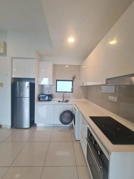 Kitchen features: white glossy cabinetry, stainless-steel fridge, single-bowl stainless-steel sink, chrome pull-down faucet, white quartz countertop, ceramic tile backsplash, built-in oven, 4-burner induction hob, front-load washing machine, recessed LED downlights, large window, tile flooring; style: modern.