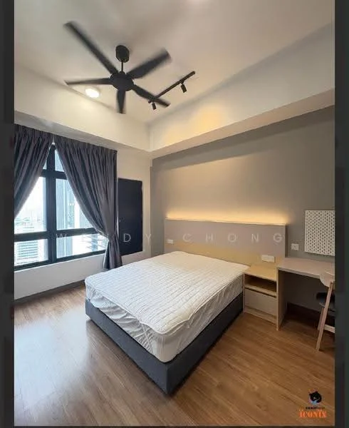 Bedroom features: queen-size bed, wooden flooring, 5-blade ceiling fan with light, floor-to-ceiling windows, grey accent wall, wall-mounted bedside lamp, built-in desk, chair, curtains, decorative wall panel; style: modern; view: city.