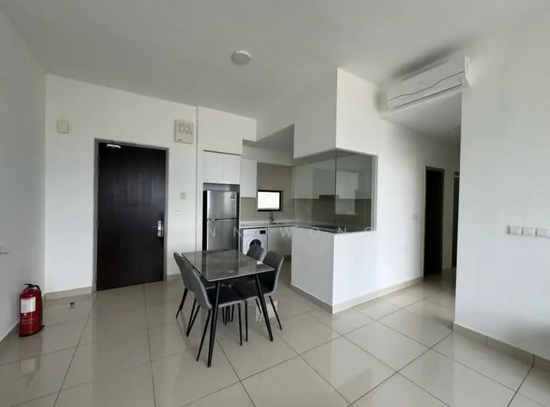 Living features: white painted walls, glossy tile flooring, ceiling-mounted air conditioning unit, dining table with black chairs, kitchenette with countertop, refrigerator, wall-mounted TV, fire extinguisher, open layout; style: modern.