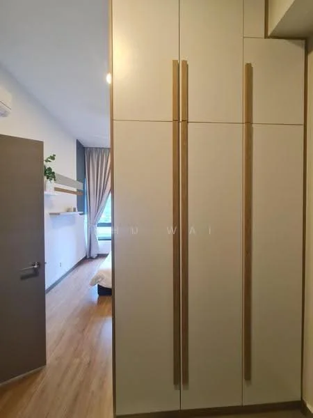 Room features: built-in wardrobe with wooden handles, white cabinetry, light wood flooring, curtains, wall-mounted shelf, air conditioning unit, neutral wall color, recessed lighting; style: modern.