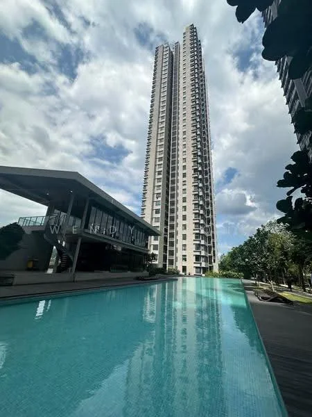 Exterior type: high-rise condominium; features: infinity pool, pool deck with loungers, landscaped garden, glass curtain wall facade, balconies on upper floors, surrounded by greenery, modern architectural design; style: modern.
