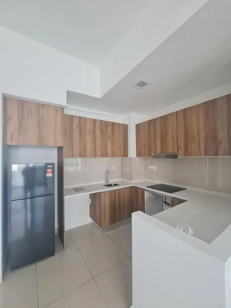 Kitchen features: L-shaped kitchen layout, wood cabinetry with a natural finish, white countertop, stainless-steel sink, chrome pull-down faucet, built-in cooktop, built-in oven, black refrigerator, ceramic tile flooring, white backsplash, recessed downlights, open shelving; style: modern.