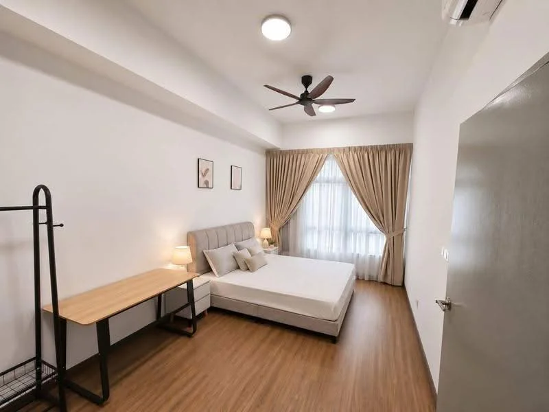 Bedroom features: queen-size bed, upholstered headboard, 2 bedside lamps, wooden flooring, ceiling fan with light, floor-to-ceiling window, sheer curtains, desk with chair, clothes rack, decorative wall art; style: modern.