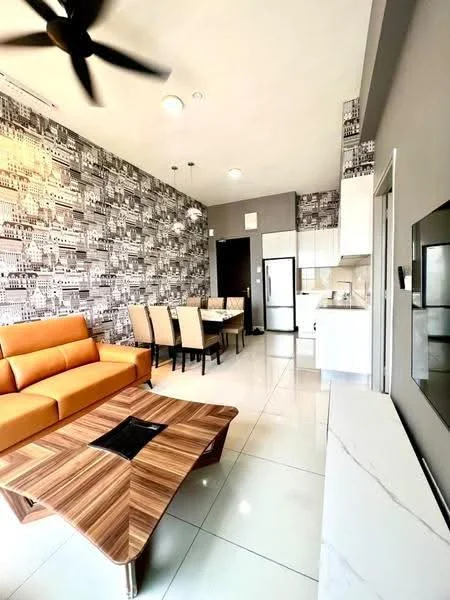 Living features: orange leather sofa, coffee table with wood finish, wall-mounted TV, feature wall with black and white pattern, recessed ceiling lights, 5-blade ceiling fan, large windows, glossy tile flooring; style: modern. Dining features: 6-seater dining table, upholstered dining chairs, decorative tablecloth, glossy tile flooring; style: modern. Kitchen features: white cabinetry, stainless-steel fridge, built-in oven, ceramic cooktop, countertop with backsplash, glossy tile flooring; style: modern.