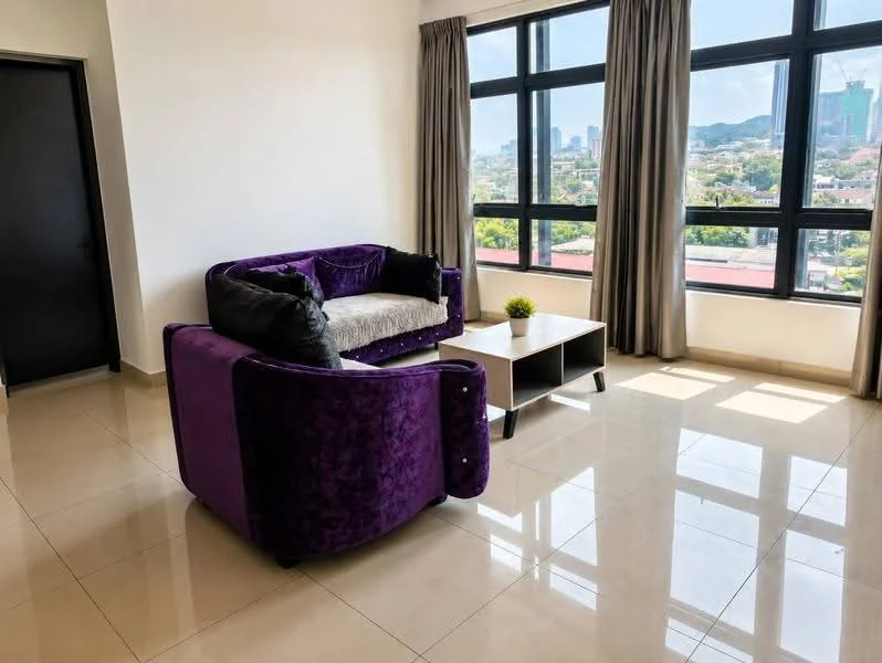 Living features: purple velvet sofa, 2-seater fabric sofa, coffee table, large floor-to-ceiling windows, city skyline view, cream walls, glossy tiled flooring, curtains, decorative plant on table; style: modern; view: city.