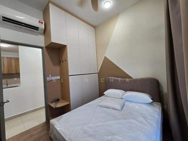 Bedroom features: queen-size bed with white bedding, upholstered headboard, built-in wardrobe with white doors, light brown accent wall, cream painted walls, ceiling fan, wall-mounted air conditioning unit, tile flooring, window with curtain, nightstand, hooks on wall; style: modern.