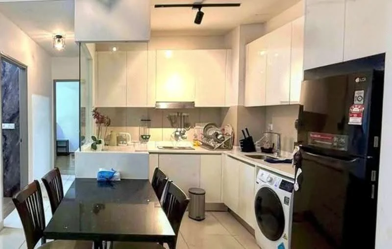 Kitchen features: white cabinetry, stainless-steel sink, chrome pull-down faucet, black refrigerator, built-in oven, freestanding washing machine, ceramic tile flooring, recessed downlights, dining table with four chairs, countertop with backsplash, kitchen utensils visible, open shelving, bin, wall-mounted storage; style: modern.