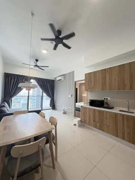 Dining features: 6-seater dining table, wooden dining chairs, pendant lamp, floor-to-ceiling windows, grey curtains, white walls, white tiled flooring, air conditioning unit, ceiling fan with light; style: modern; view: city. Kitchen features: wood cabinetry, white countertop, stainless-steel sink, chrome pull-down faucet, built-in microwave, black countertop appliances, open shelving; style: modern. Living features: fabric sofa in grey, coffee table, wall-mounted TV, decorative wall paneling; style: modern; view: city.