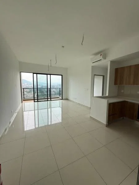 Living features: white painted walls, glossy ceramic tile flooring, floor-to-ceiling windows, sliding glass door, mountain view, 1 wall-mounted split AC, recessed downlights, open layout with kitchen, neutral color cabinetry, kitchen island; style: modern; view: mountain.
