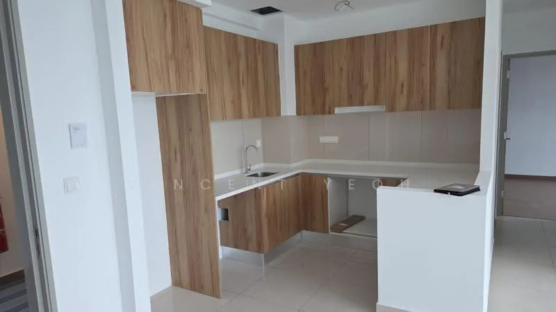 Kitchen features: wood cabinetry, white countertop, single-bowl stainless-steel sink, chrome pull-down faucet, tile backsplash, ceramic tile flooring, recessed downlights, open shelving, built-in oven, kitchen island; style: modern.