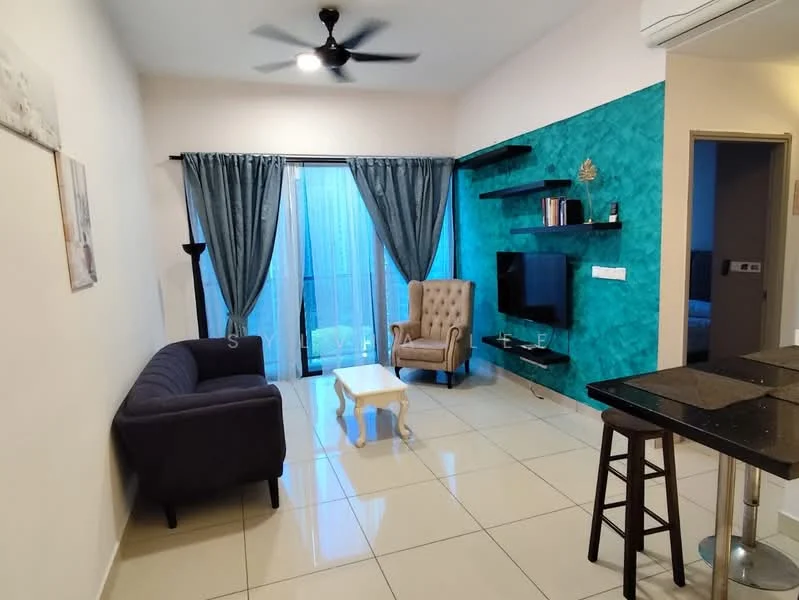 Living features: 3-seater fabric sofa in dark grey, armchair with tufted upholstery in beige, white coffee table, wall-mounted TV, black floating shelves, floor-to-ceiling windows with sheer curtains, sliding glass door, light-colored tiled flooring, ceiling fan with light, decorative wall with teal paint, wall art, curtains in dark blue, air conditioning unit; style: modern.