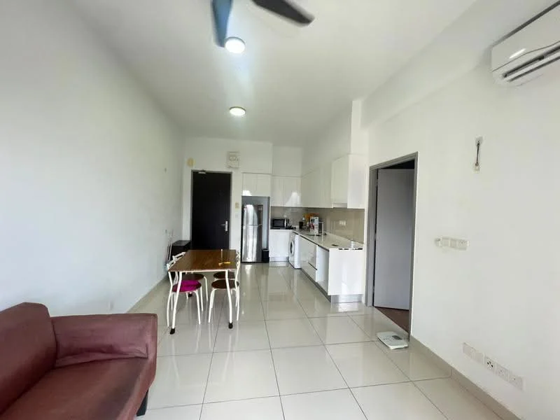 Living features: white painted walls, glossy tile flooring, 5-blade ceiling fan with light, sofa in maroon fabric, dining table with 4 chairs, refrigerator, built-in kitchen cabinets, stainless-steel sink, countertop, wall-mounted air conditioning unit; style: modern.