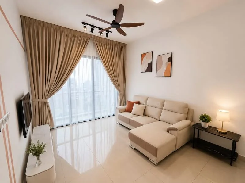 Living features: 3-seater fabric sofa in beige, coffee table, wall-mounted TV, floor-to-ceiling windows, sheer curtains, recessed downlights, ceiling fan with light, decorative artwork on walls, laminate flooring, side table with lamp, indoor plant in ceramic pot; style: modern; view: city.