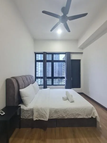 Bedroom features: king-size bed with upholstered headboard, white bedding, 2 white towels, dark wood flooring, 5-blade ceiling fan with light, floor-to-ceiling windows, blackout curtains, nightstand, decorative wall with neutral paint; style: modern; view: city.