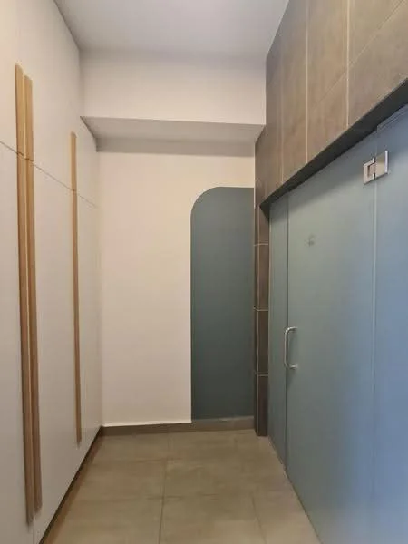 Room features: light grey tiled flooring, white painted walls, accent wall with grey tiles, arched wall feature, built-in cabinetry with wooden accents, glass door, recessed ceiling lighting; style: modern.