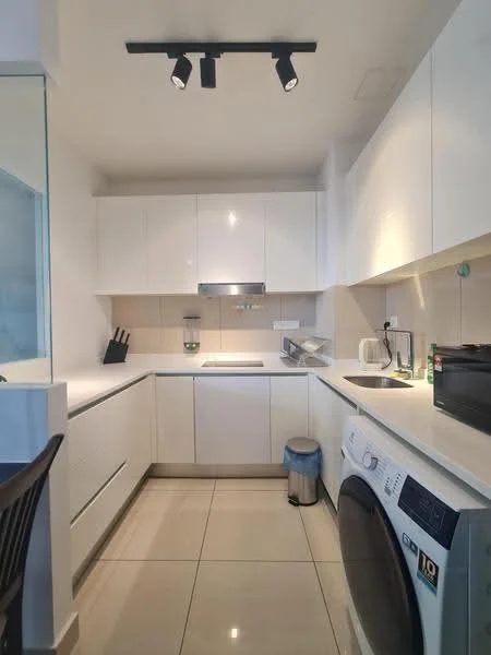 Kitchen features: white cabinetry, stainless-steel sink, chrome pull-down faucet, built-in microwave, freestanding washing machine, ceramic tile flooring, recessed LED downlights, countertop with integrated cooktop, kitchen utensils holder, glass splashback, kitchen appliances, trash bin, wall-mounted shelving; style: modern.