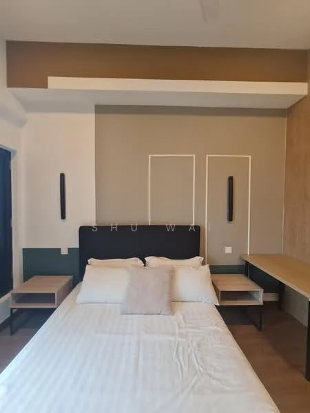 Bedroom features: queen-size bed, upholstered headboard, two bedside tables, wall-mounted sconces, painted accent wall in beige, painted accent wall in green, wooden flooring, built-in desk, large window, neutral bedding; style: modern.