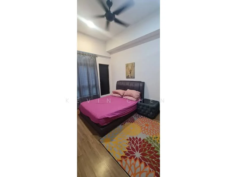 Bedroom features: king-size bed with upholstered headboard, pink bedding, wooden flooring, 5-blade ceiling fan, floor-to-ceiling window with sheer curtains, decorative wall art, area rug with floral pattern, black leather ottoman; style: modern.
