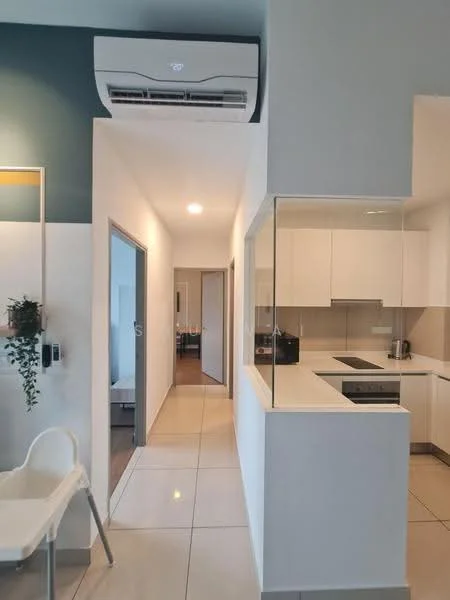 Kitchen features: white cabinetry, white countertop, built-in oven, stainless-steel hob, kitchen island, recessed downlights, tile flooring, wall-mounted split AC, open shelving, kitchen appliances visible; style: modern. Hallway features: white painted walls, tile flooring, doorway to other rooms, recessed lighting; style: modern.