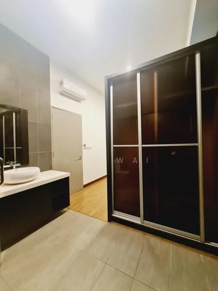 Bathroom features: single-bowl ceramic sink, chrome basin mixer faucet, wall-mounted mirror, glass shower enclosure, tile flooring, grey tiled walls, wooden door, wall-mounted split AC, recessed ceiling lights; style: modern.