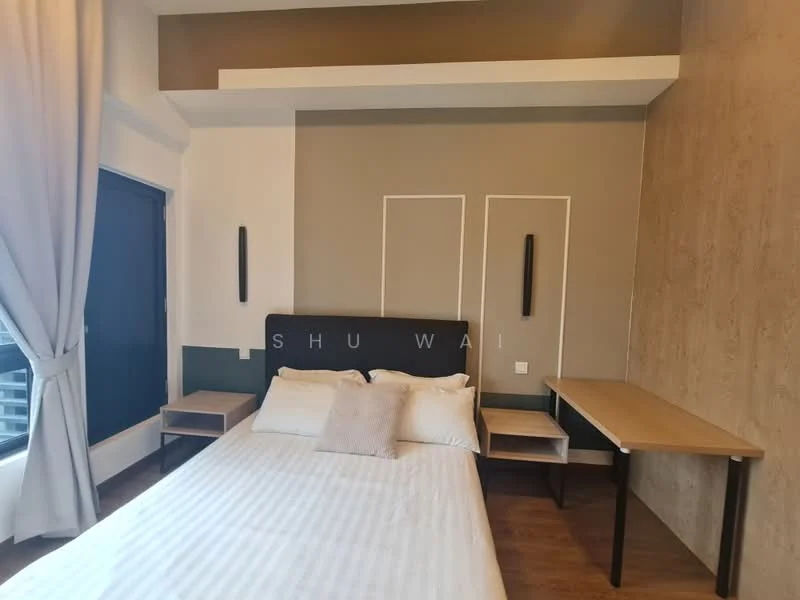 Bedroom features: queen-size bed, upholstered headboard, two bedside tables, wooden flooring, grey accent wall, white painted walls, floor-to-ceiling window, curtains, wall-mounted light fixtures, wooden desk; style: modern.