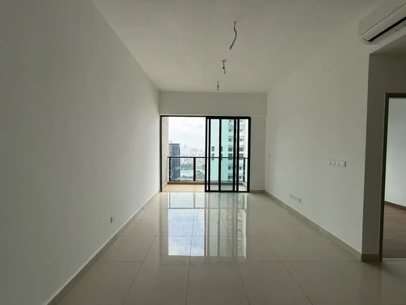 Living features: white painted walls, glossy tile flooring, floor-to-ceiling windows, sliding glass door, balcony access, recessed downlights, 1 wall-mounted split AC; style: modern; view: city.