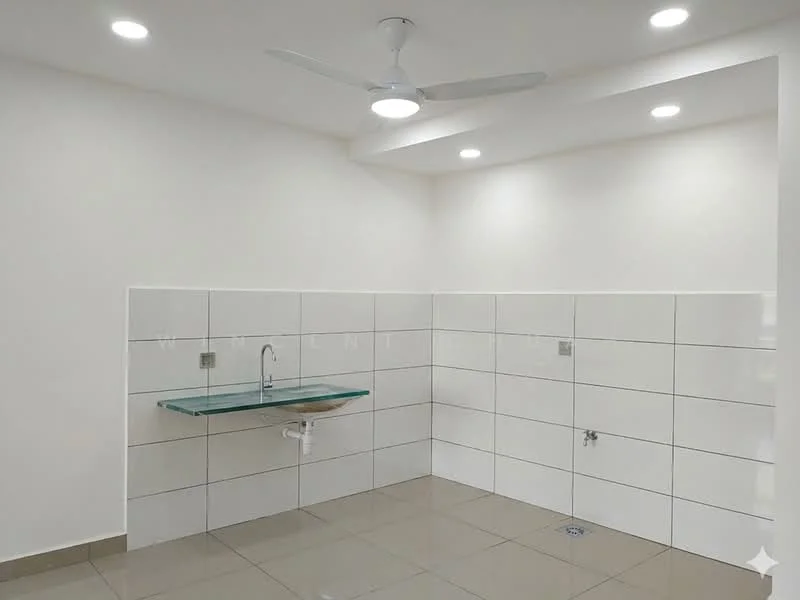 Laundry features: white painted walls, glossy ceramic tile flooring, ceiling fan, recessed LED downlights, glass shelf, white tiled backsplash, sink with faucet, floor drain; style: modern.