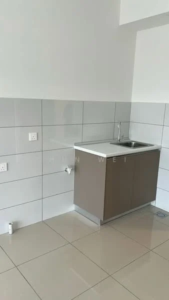 Kitchen features: single-bowl stainless-steel sink, chrome pull-down faucet, white tiled backsplash, grey lower cabinetry, white countertop, ceramic tile flooring, wall-mounted electrical outlets, drainage outlet on floor; style: modern.