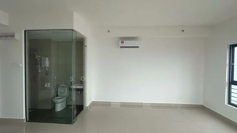 Room features: white painted walls, tile flooring, 1 wall-mounted split AC, glass shower enclosure, toilet, window, neutral color scheme; style: modern.
