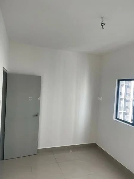 Room features: white painted walls, grey door, floor-to-ceiling window, tile flooring, single ceiling light fixture.