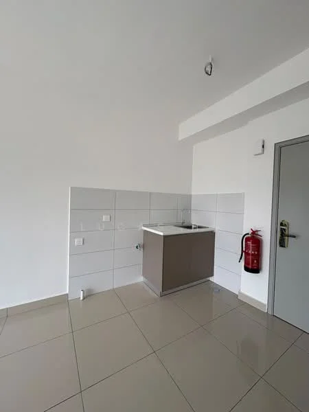 Room features: white painted walls, grey tiled flooring, single-basin countertop, kitchen cabinetry in brown, wall-mounted fire extinguisher, electrical outlets, light fixture on ceiling, no visible appliances; style: modern.