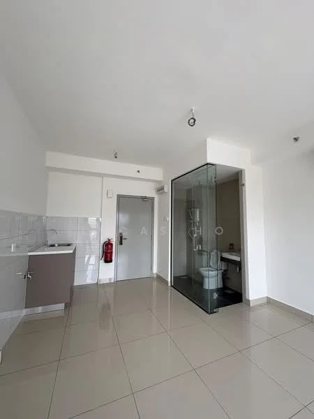 Bathroom features: glass shower enclosure, toilet, white tiled walls, cream tiled flooring, recessed downlights, fire extinguisher mounted on wall, sink with cabinet, mirror, door to hallway; style: modern. Room features: white painted walls, cream tiled flooring, recessed downlights, door to bathroom.