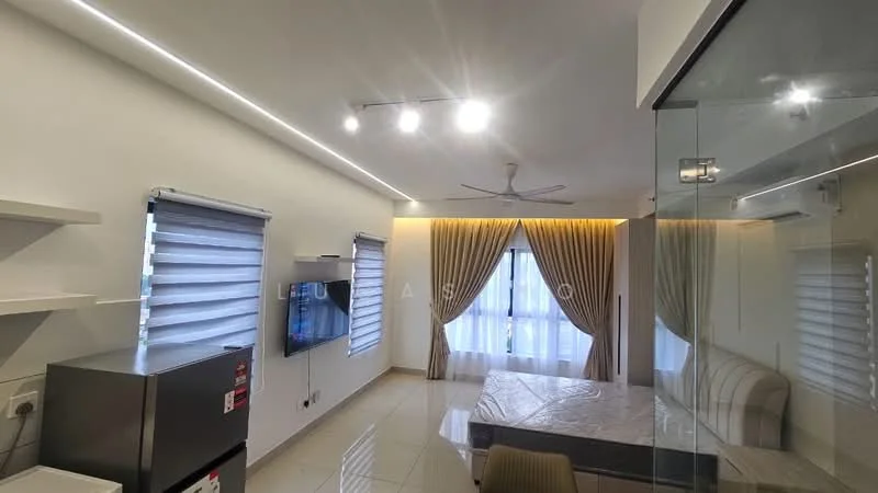 Living features: white painted walls, recessed LED downlights, 5-blade ceiling fan, floor-to-ceiling windows, sheer curtains, tile flooring, TV mounted on wall, sofa, decorative wall with lighting, open shelving, refrigerator; style: modern.