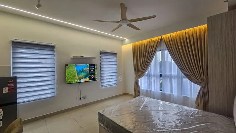 Bedroom features: white painted walls, ceiling fan, recessed LED downlights, floor-to-ceiling windows, sheer curtains, blackout curtains, TV mounted on wall, light-colored flooring, decorative wall paneling, bed with no bedding, built-in wardrobe; style: modern.