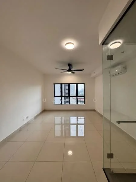 Room features: white painted walls, glossy ceramic tile flooring, 5-blade ceiling fan with light, floor-to-ceiling windows, sliding glass door, wall-mounted split AC, recessed downlights; style: modern; view: city.