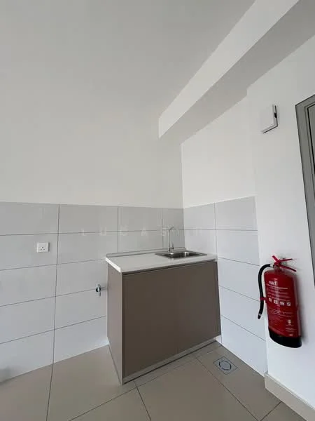 Room features: single-bowl stainless-steel sink, chrome pull-down faucet, grey cabinetry, white tiled walls, light grey floor tiles, fire extinguisher mounted on wall, white painted walls, recessed lighting; style: modern.