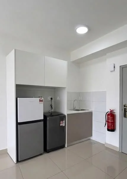 Kitchen features: white cabinetry, stainless-steel sink, chrome faucet, white tiled backsplash, grey countertop, built-in kitchen cabinet, freestanding fridge, freestanding freezer, fire extinguisher, recessed ceiling light, ceramic tile flooring; style: modern.